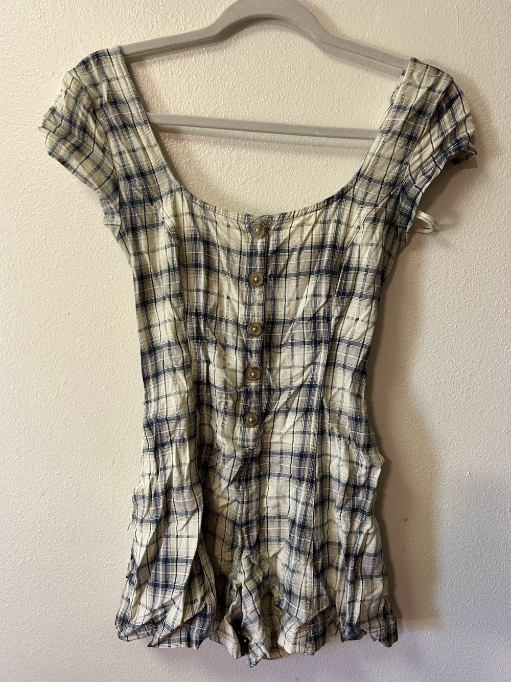 Urban Outfitters grey and beige plaid cap sleeve romper